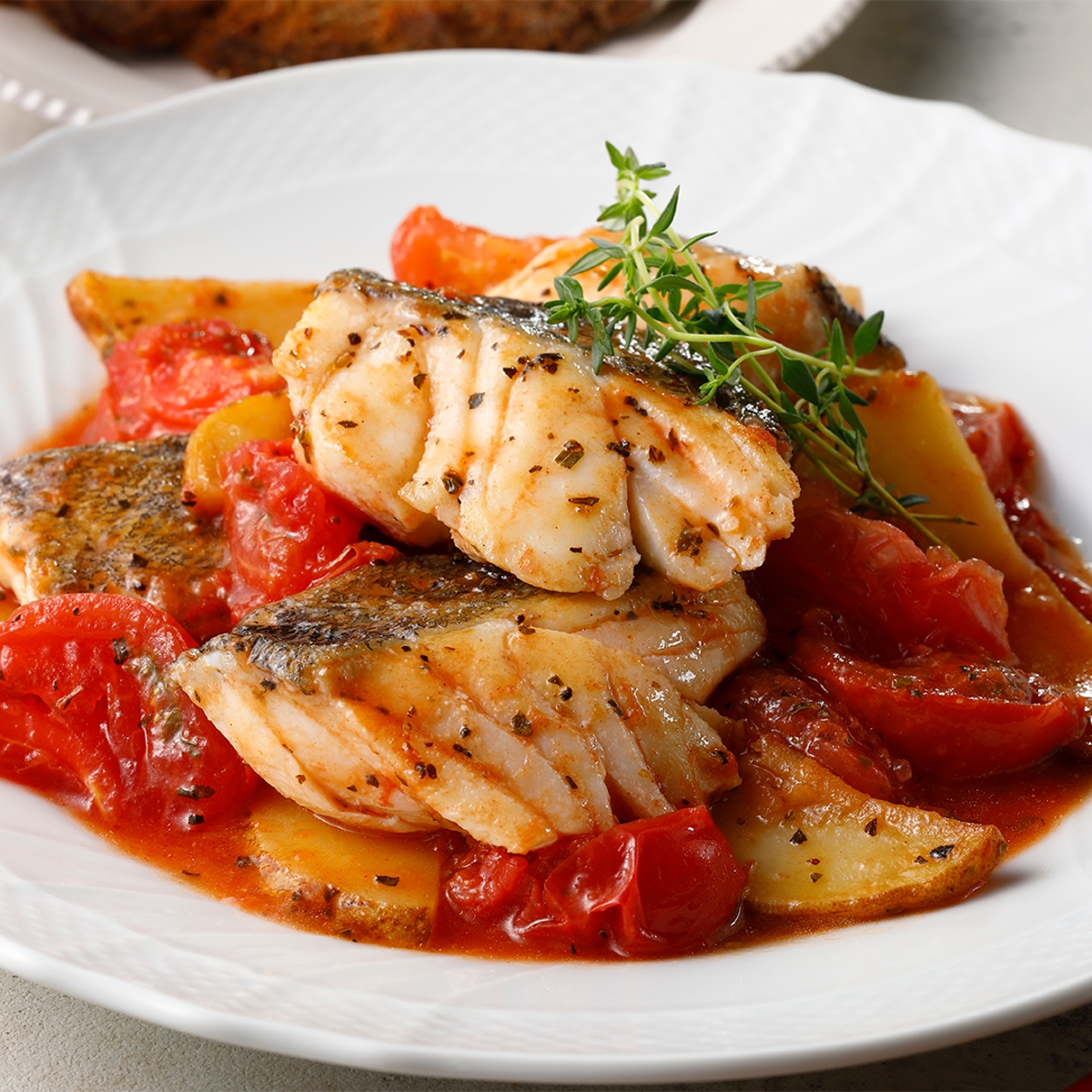 焼き魚のトマト、バジル、クリスピークラム添えのレシピ